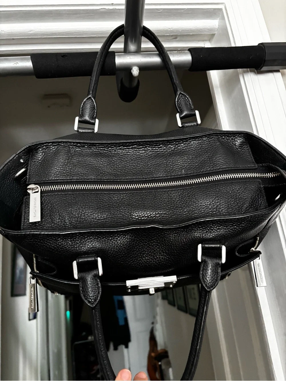 Michael Kors Black Pebbled Leather Briefcase Tote with Silver Hardware